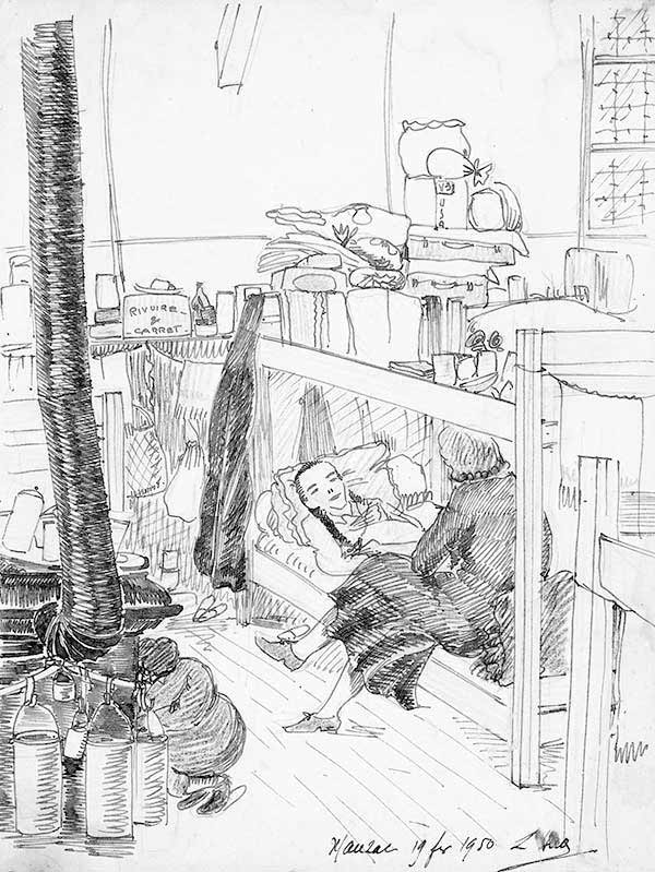 « Malade au dortoir», dessin d’une prisonnière de Mauzac, février 1950