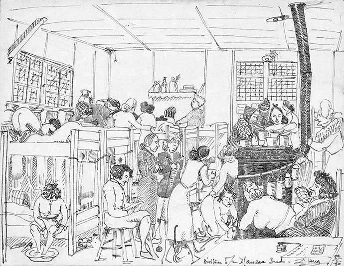 Un dortoir du camp Sud, dessin d’une prisonnière de Mauzac, janvier 1950