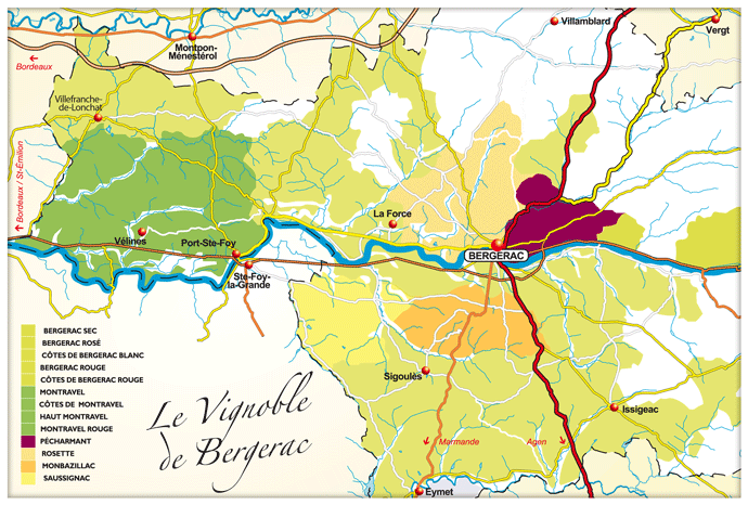 La carte des vignobles de Bergerac