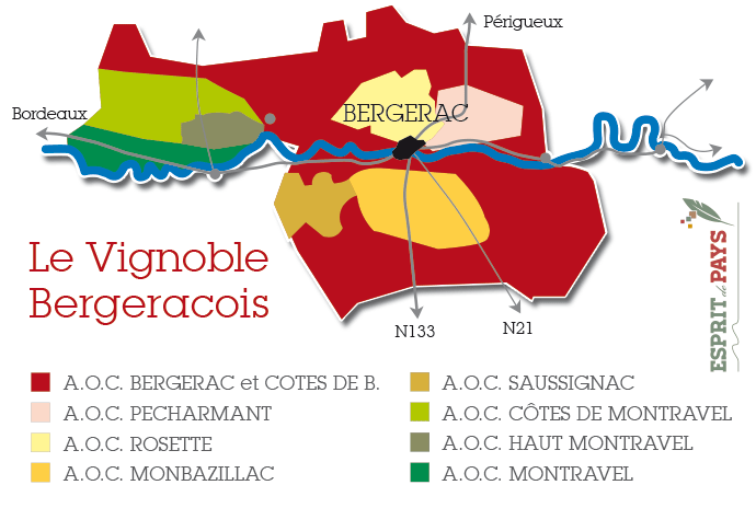 Carte des AOC du vignoble de Bergerac