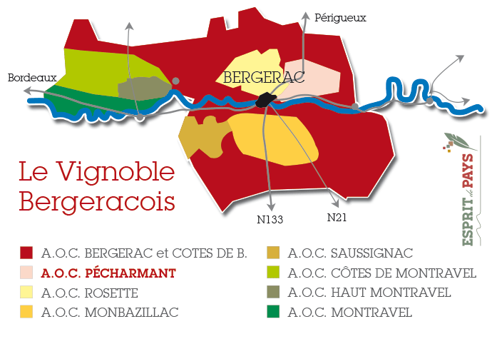 Localisation de l'AOC Pécharmant dans le vignoble bergeracois