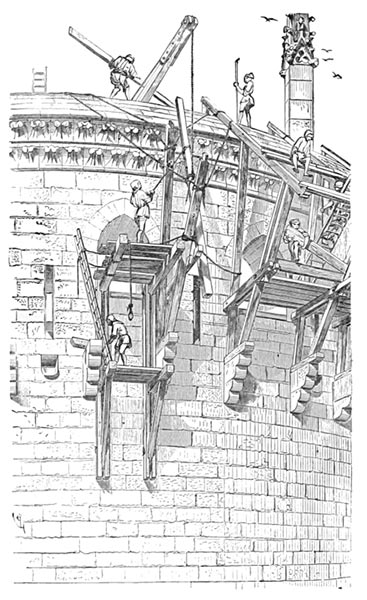Manœuvres de charpentiers posant les hourds d'un donjon – Eugène Violet-le-Duc