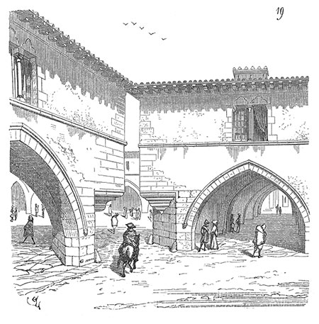 Vue perspective d’une des entrées la place de la bastide de Montpazier – Dessin Eugène Viollet-le-Duc