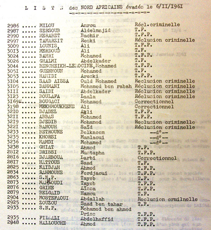 Liste des détenus politiques algériens qui se sont évadés le 6 novembre 1961. « T.F. » (Travaux forcés) et « T.F.P. », (Travaux forcés à perpétuité). Source ADD 1141 W 239.
